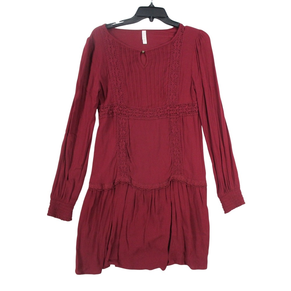 Xhilaration Womens Small Burgundy Red Crochet Lace Boho Mini Dress Long Sleeve